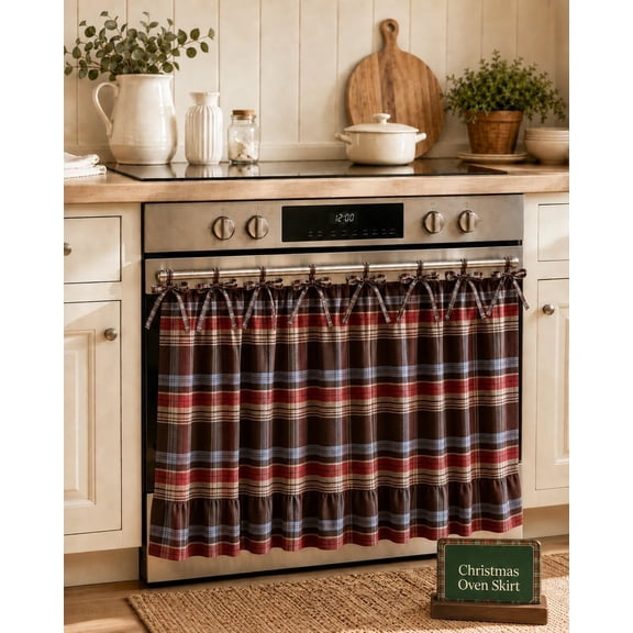 Christmas Oven Skirt Plaid Kitchen Curtain, Farmhouse Ruffle Tie Top Door Cover for Stove, Dishwasher, and Cabinet, 29.9 x 21.3 in