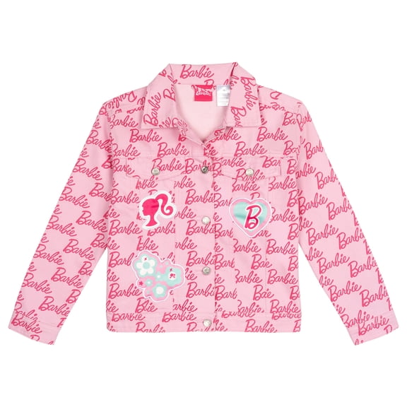 Barbie Little Girls' Long Sleeve Fashion Denim Jacket with Patch Appliques Pink Allover Logo Print with Barbie Ponytail and Heart Patches