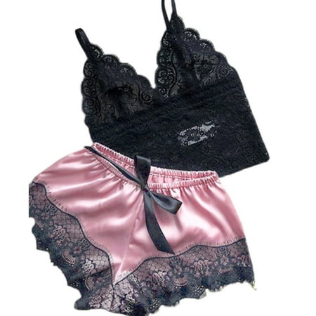 

Womens Sexy Eyelash Floral Lace Lingerie Set V-Neck Crop Top Bowknot Faux Silk W