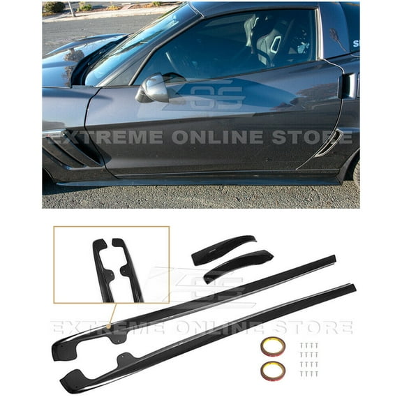 Extreme Online Store Replacement for 2005-2013 Chevrolet Corvette C6 Grand Sport & Z06 | EOS ZR1 Style Side Skirts Rocker Panels with Mud Flaps Pair (ABS Plastic - Glossy Black)