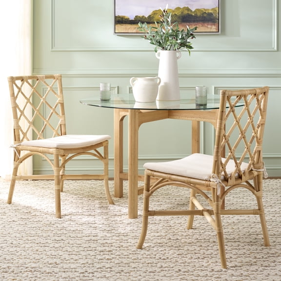 Safavieh Haru Scandinavian Rattan and Fabric Dining Side Chairs, Natural/Cream (Set of 2)