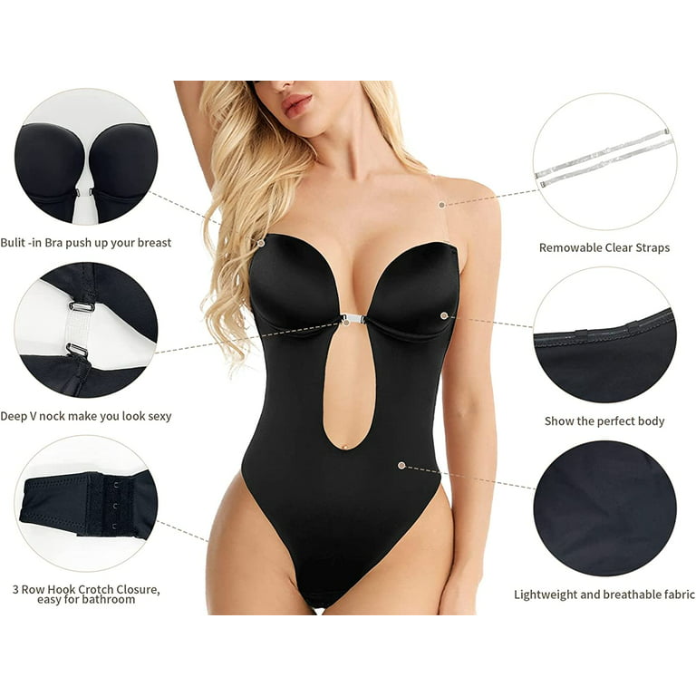 Women's Backless Shapewear, Invisible Backless Bodysuit,Deep V-Neck Clear  Strap for Parties, Dresses, Weddings(Black) 