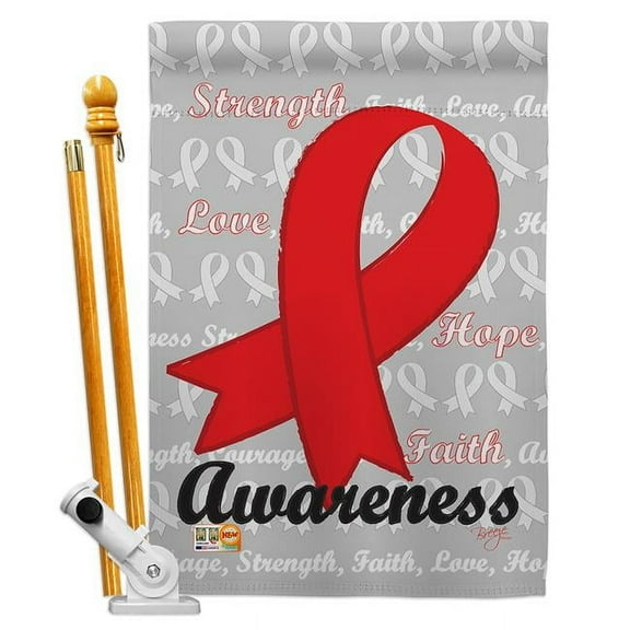 Breeze Decor BD-ST-HS-115081-IP-BO-D-US12-BD 28 x 40 in. Red Ribbon Inspirational Support Impressions Decorative Vertical Double Sided House Flag Set with Pole Bracket Hardware