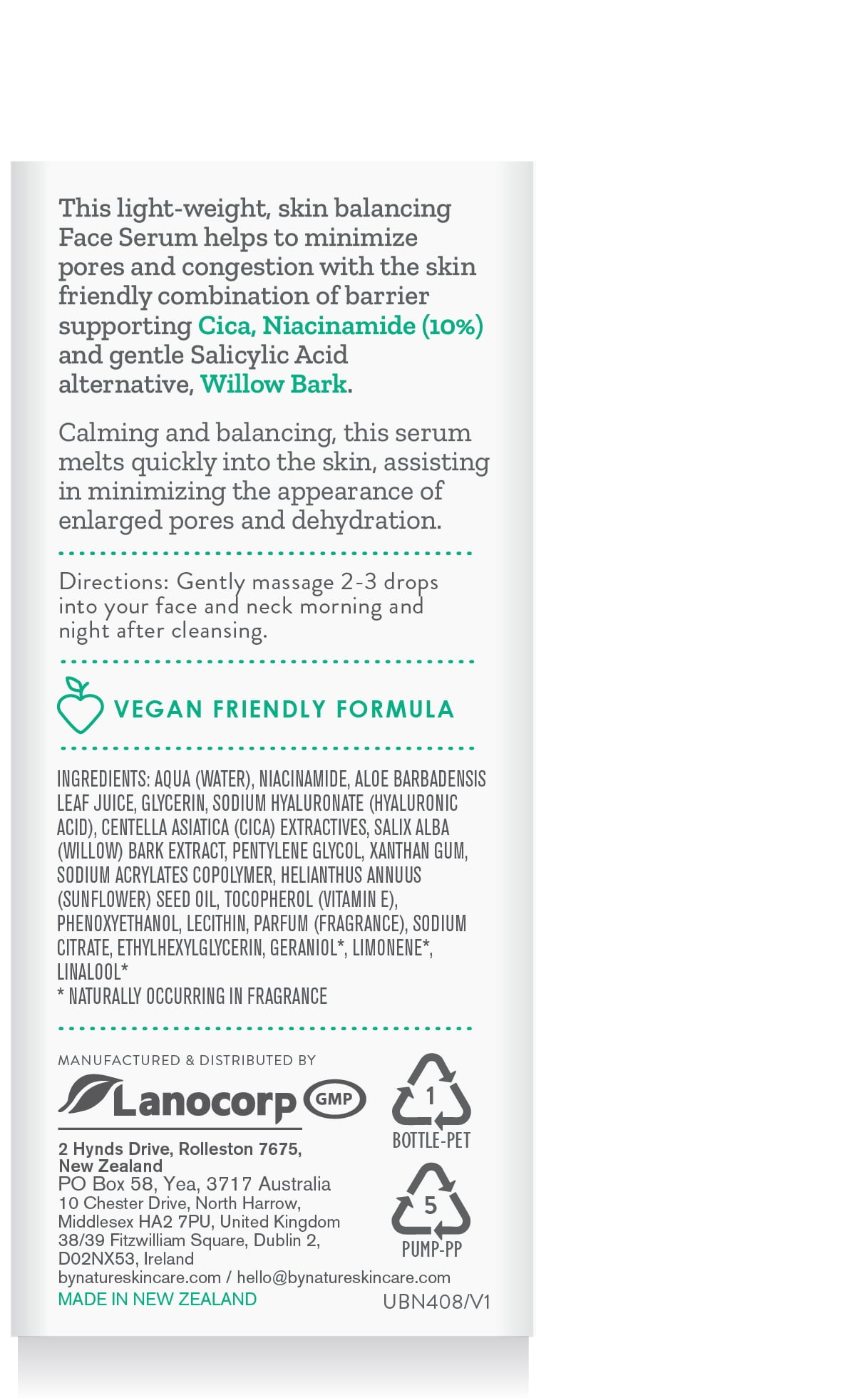 By Nature From New Zealand Cica + 10% Niacinamide + Willow Bark Calming Serum