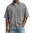 thumbnail image 6 of Men's Short Sleeve Button Down Shirt Casual Henley Top Quick Dry Breathable Stretch Cotton Feel Solid Color Turndown Collar Daily Work Beach Vacation | Zenithor,Gray L, 6 of 7