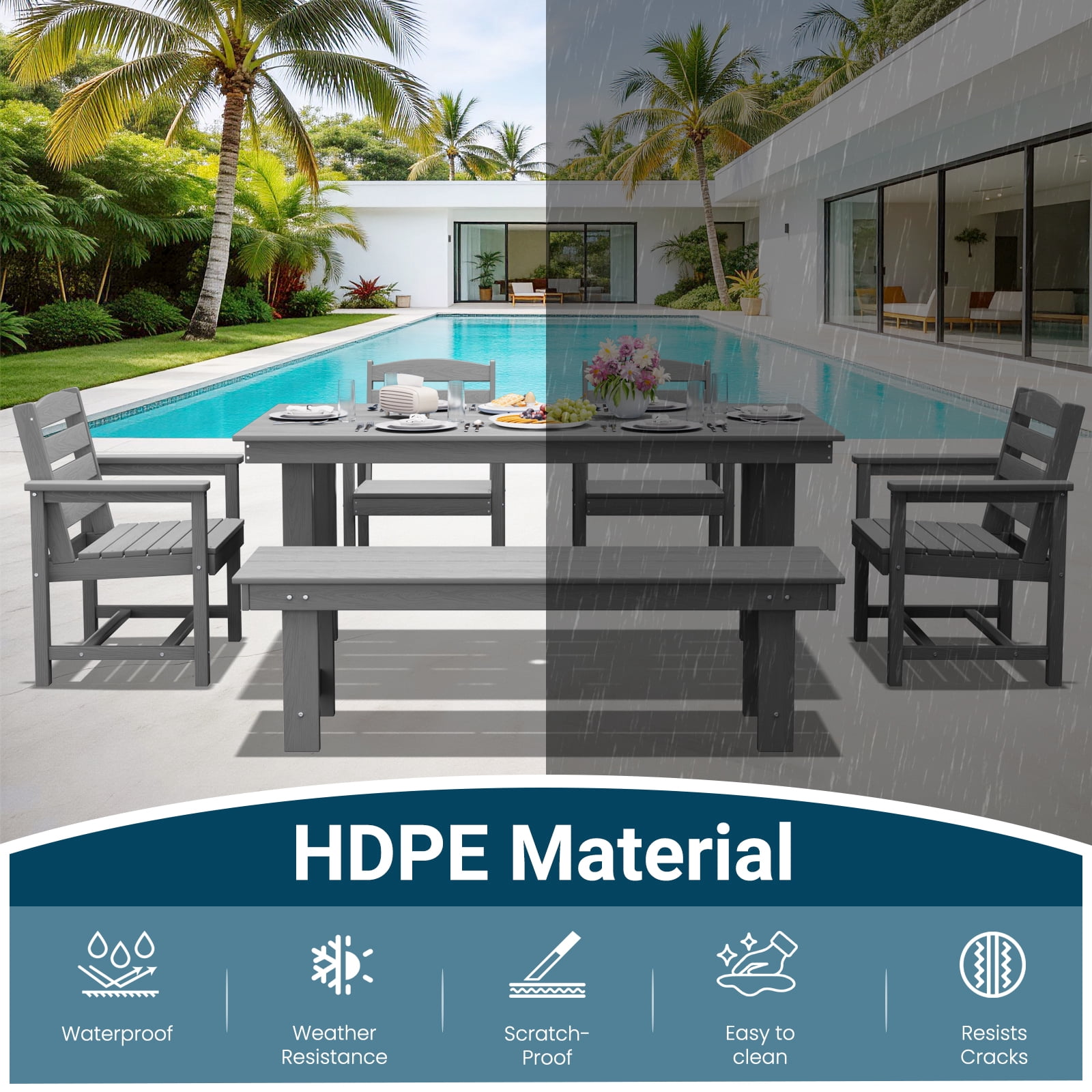 LOYALICE 6 Pieces Patio Furniture Set, HDPE Outdoor Dining Table Set with 1 Bench, 4 Chairs, Durable and Weather-Resistant for Patio, Garden and Balcony Use, Gray