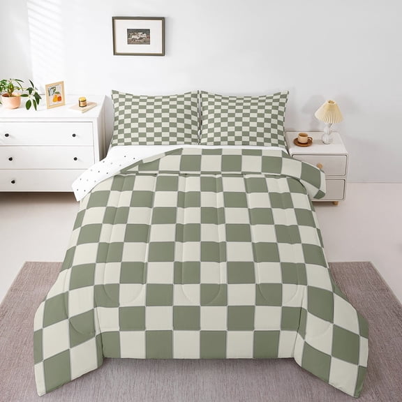 Erosebridal Plaid Comforter Set Twin Beige Sage Green Checkerboard Quilt Set Geometric Checkered Bedding Set,Aesthetic Grid Duvet Set Modern Room Decor 2 Pcs