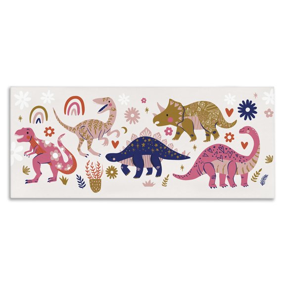 Stupell Industries Happy Whimsical Dinosaurs with Rainbow Florals,13 x 30,Designed by Arrolynn Weiderhold