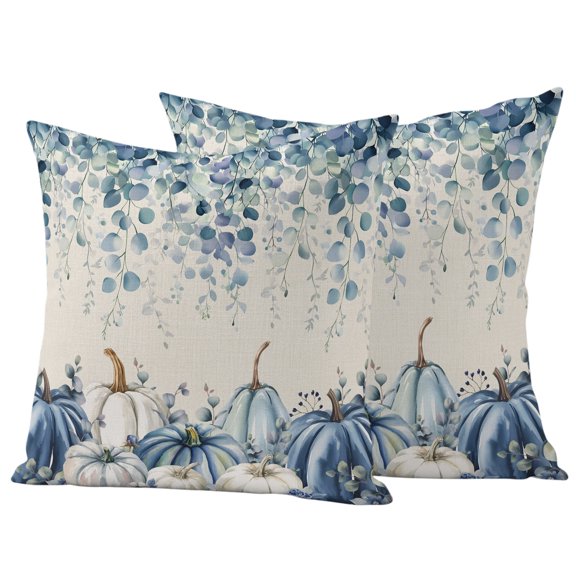 Outdoor Pillow Covers 24x24 Set of 2, Blue Pumpkins Fall Waterproof Patio Throw Pillow Covers for Couch Sofa Chair, Thanksgiving Eucalyptus Leaf Rustic Decorative Pillowcases for Throw Pillows