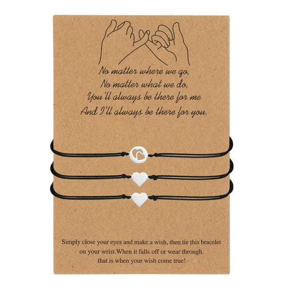 Mother & Daughter Matching Bracelets Set, 3 Pcs Adjustable Rope Heart Charm Bracelets, (Black)