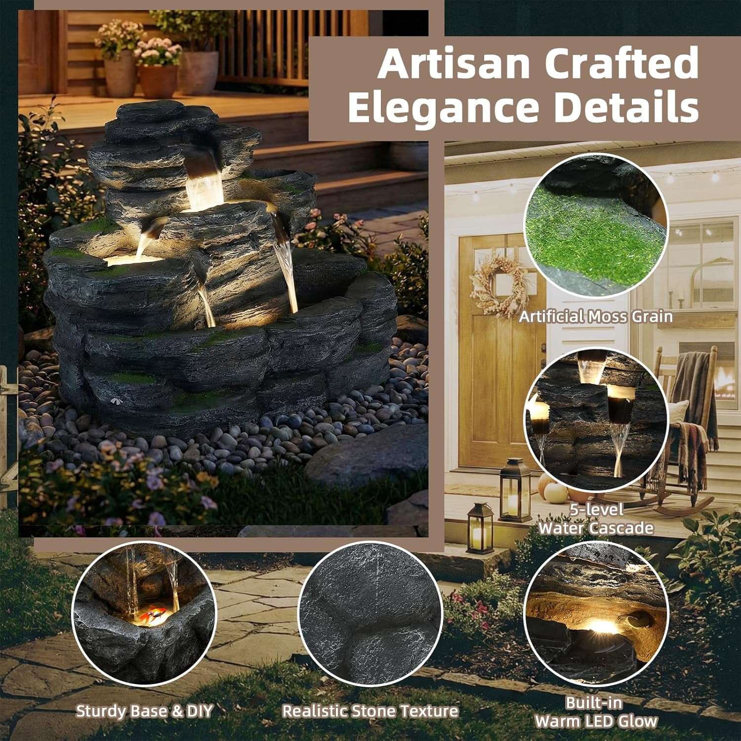 EPICOZY 5-Tier Rock Outdoor Water Fountain, 29.7" L Realistic Moss Decor & Cascading Waterfall Fountain with LED Lights, Resin Garden Water Feature for Patio, Yard & Porch, Home Art Décor