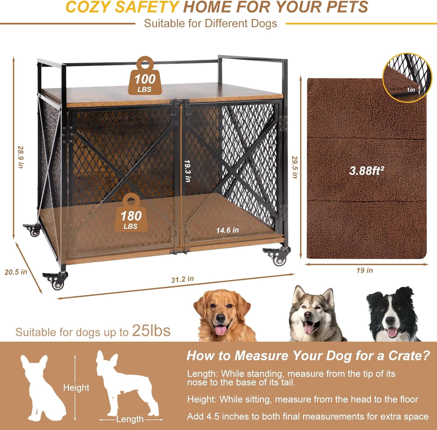 PETSCOSSET Dog Crate Furniture with Cushion, Double Door Wooden Dog Kennel Indoor with Wheels, 31.2"L x 20.5"W x 28.9"H