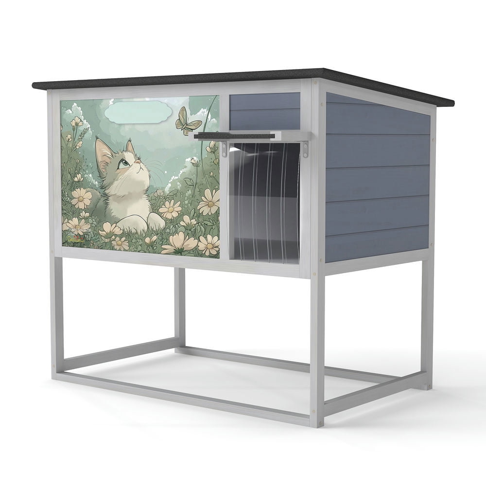 Spaco Weatherproof Outdoor Cat House, Tall Outdoor Cat Nest, Elevated Feral Cat Shelter with High Legs and Curtained Door, Escape Door, Openable Top, Gray