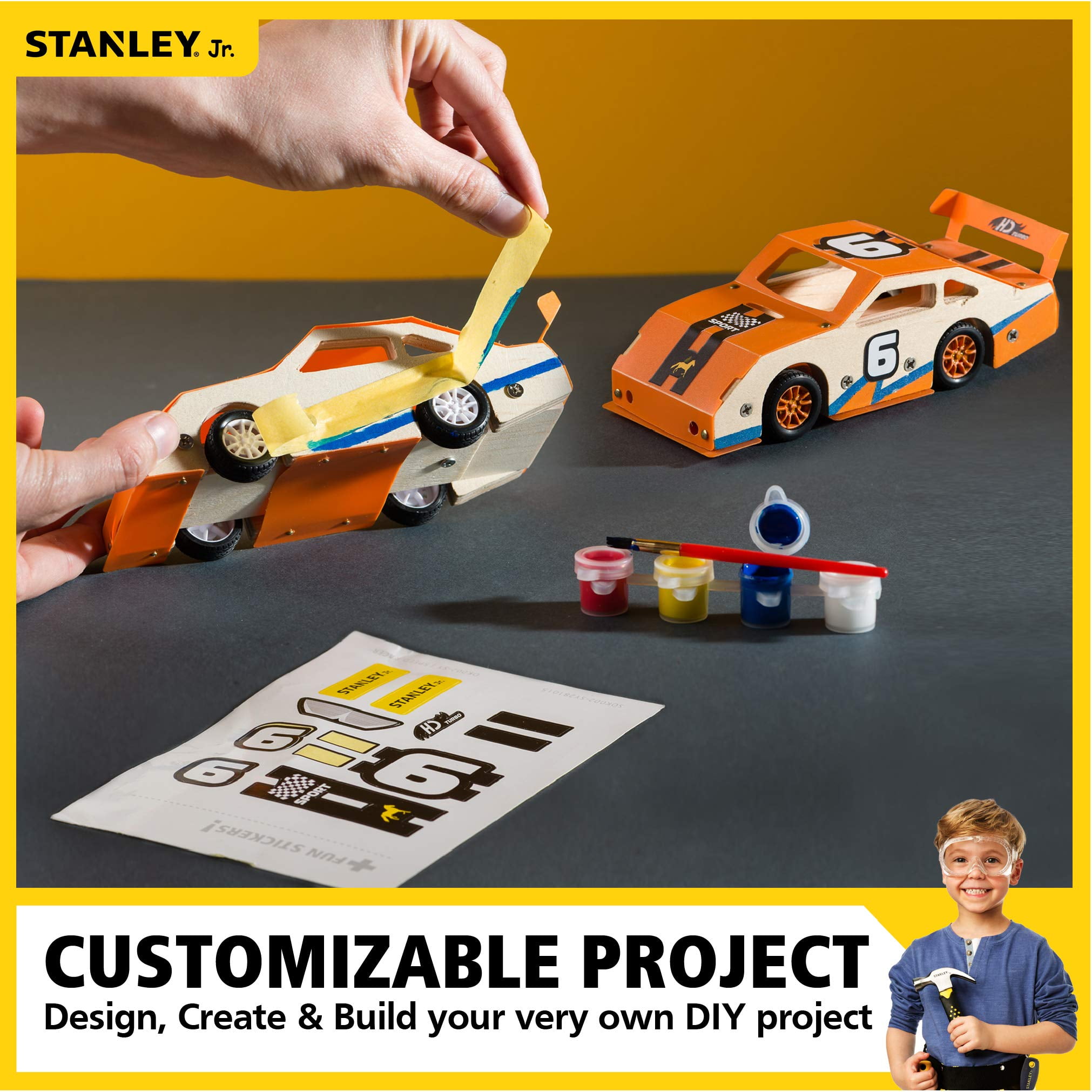 STANLEY Jr. Custom Orange Race Car - DIY Woodworking Model Kits for Kids - Easy to Assemble Race Car Building Set - Wood Race car Kit - Wooden Crafts - Paint & Decals Included