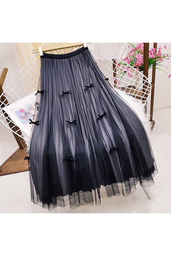 Women's Japanese Style Elegant High Waist A Line Mesh Chiffon Skirt Bow Decor Flowy Soft Lightweight Slimming Casual Party Daily Wear Grey One Size