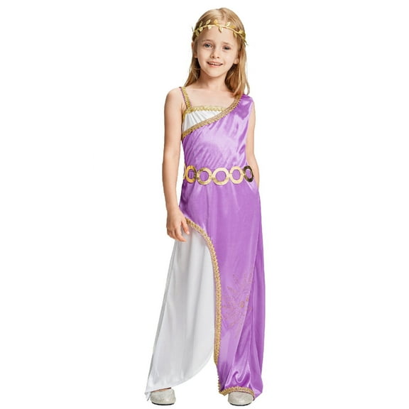 Girls Greek Athena Goddess Costume, Greece Dress Olive Leaves Headband 2 Pcs Set Grecian Roman One Shoulder Outfits for Little Kids Chidren Cosplay Purple White 3-4 Years
