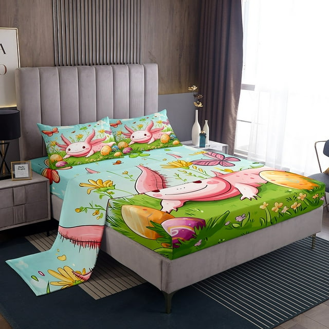 Erosebridal Cartoon Axolotl Sheet Set Twin, Spring Garden Flower Bedding Twin Size, Soft 3-Piece