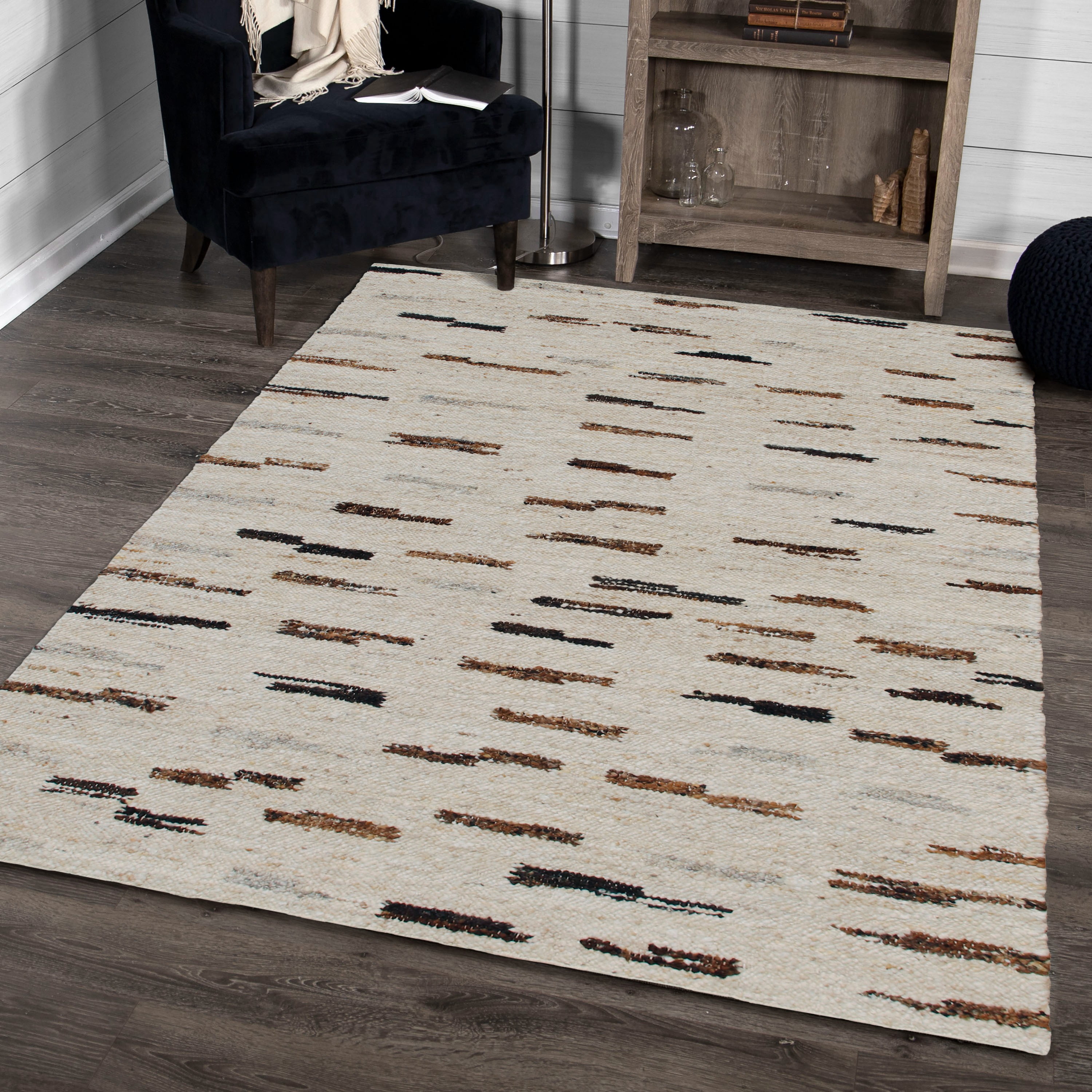 Ox Bay Kenzington Black Abstract Hand-Woven Wool Blend Area Rug, 7'9" x 9'9"
