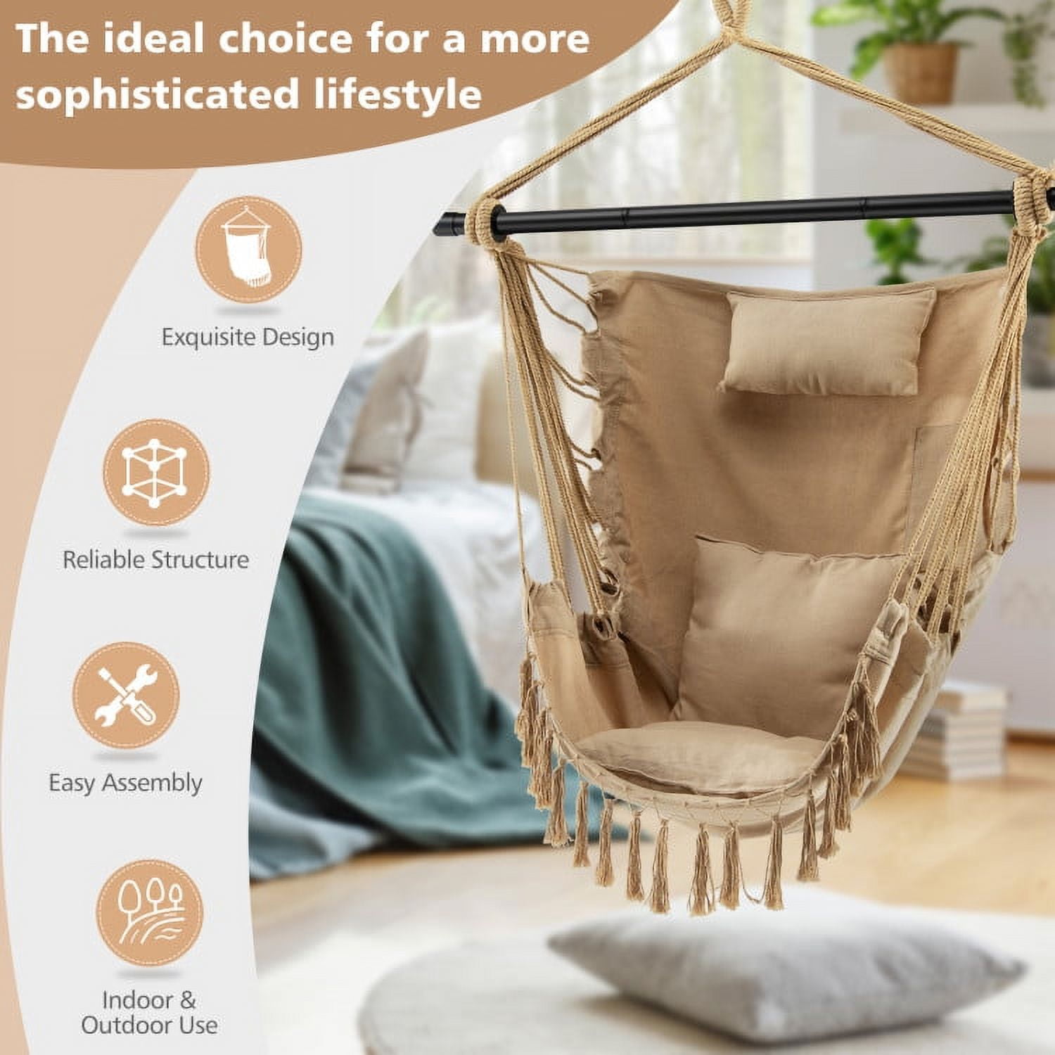 Aimee Lii Hanging Rope Swing Chair with Soft Pillow and Cushions, Comfy Outdoor Chair, Beige