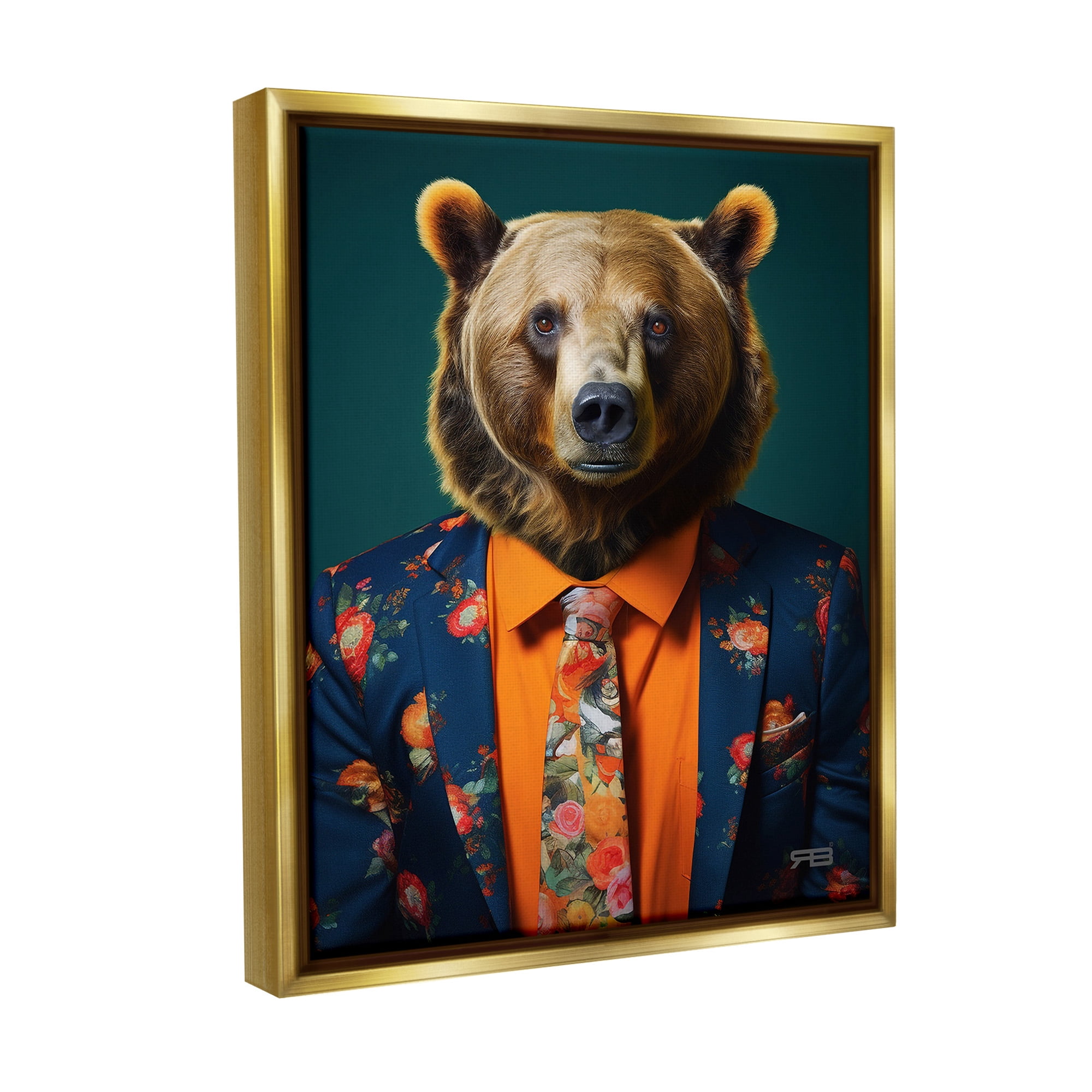 Stupell Industries Bear in Floral Suit Animals & Insects Painting Gold Floater Framed Canvas Art Print Wall Art, 25 x 31