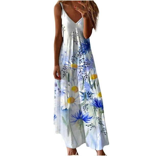 Vestido de Verano Casual sin Mangas Impreso Correa de Cuello en V Vestido de Sol Largo para las Mujeres, Vestido de Vacaciones Suelto