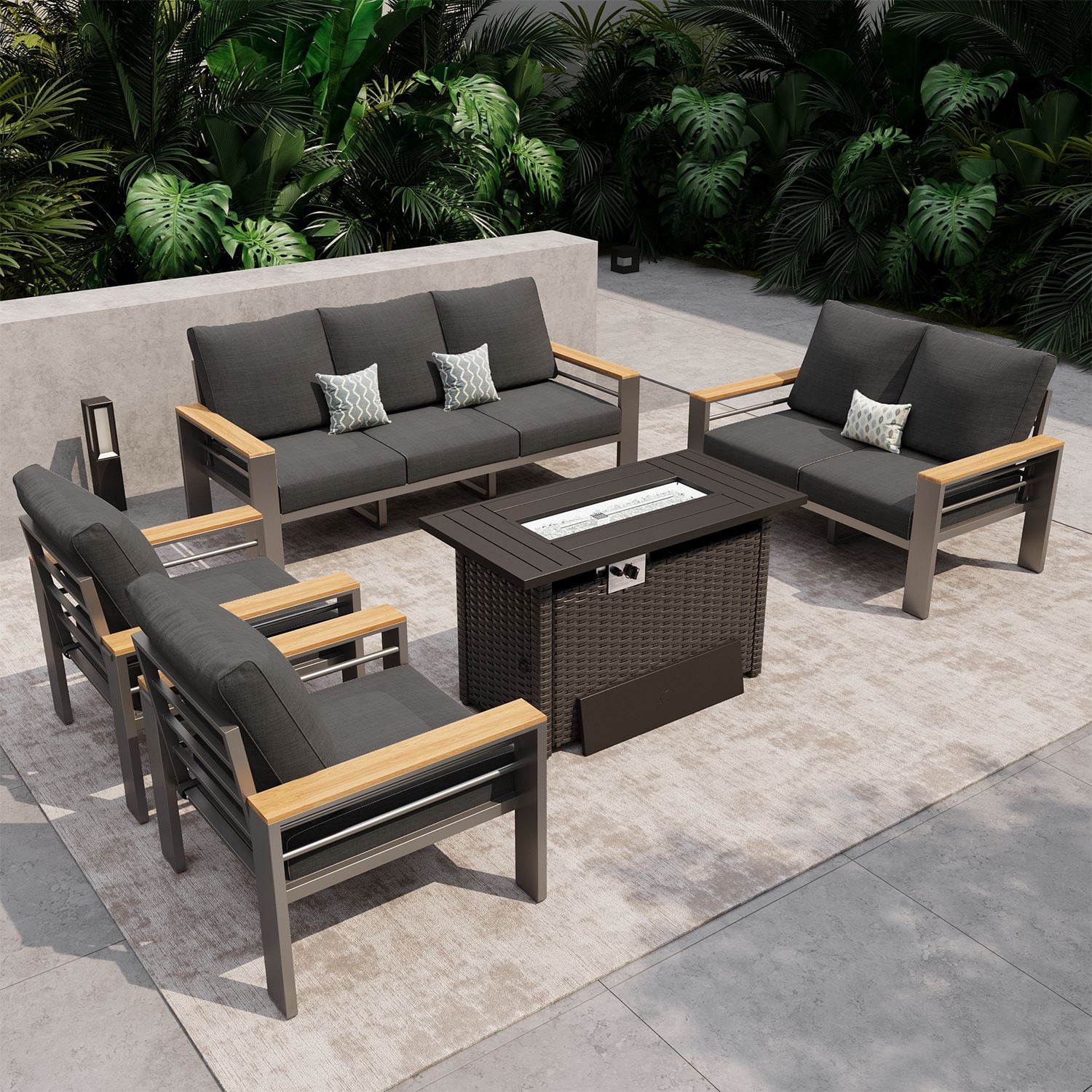 LazySunsets 5 Piece Aluminum Patio Furniture Set, 7-Seat Oversized Outdoor Sectional with Fire Pit Table, Dark Gray