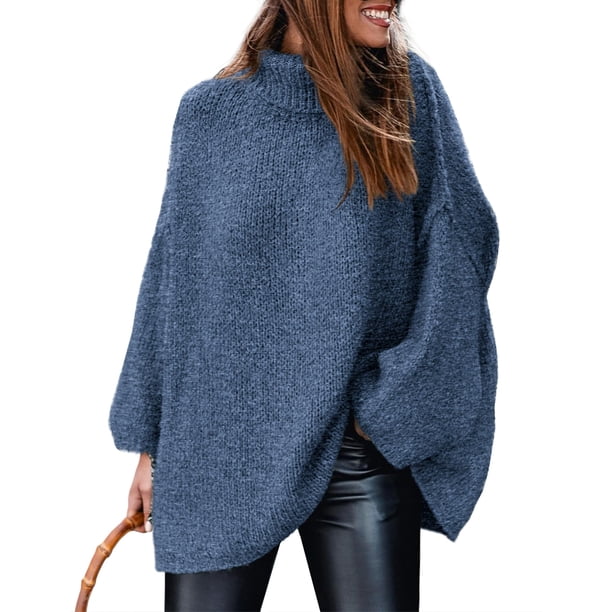 Suéter PRETTYGARDEN 2025 Cuello Alto Tejido Grueso Azul Talla L