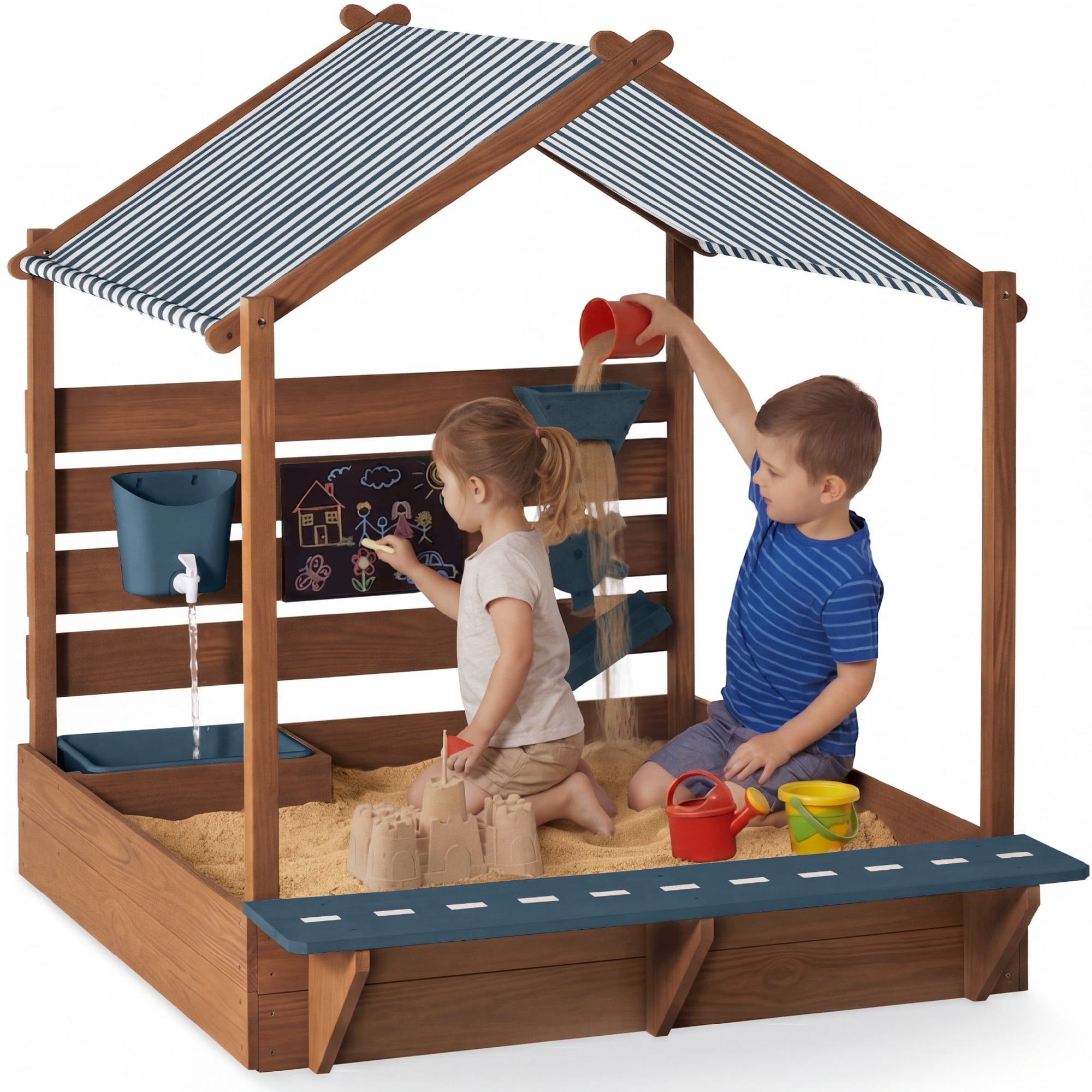 Best Choice Products Sandbox w/ Canopy, Wooden Sand Box w/ Water Table, Bench Seat, Outdoor Kids Playset- Blue