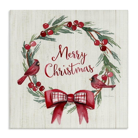 Stupell Industries Merry Christmas Holly Wreath Holiday Painting Gallery Wrapped Canvas Art Prints Wall Art, 17 x 17