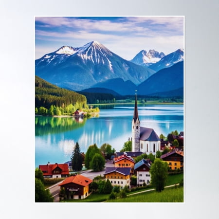 Swiss Lakeside Serenity - Alpine Lake & Mountain Panorama Poster Wall Art, Modern Wall Decor, 8x12 UNFRAMED