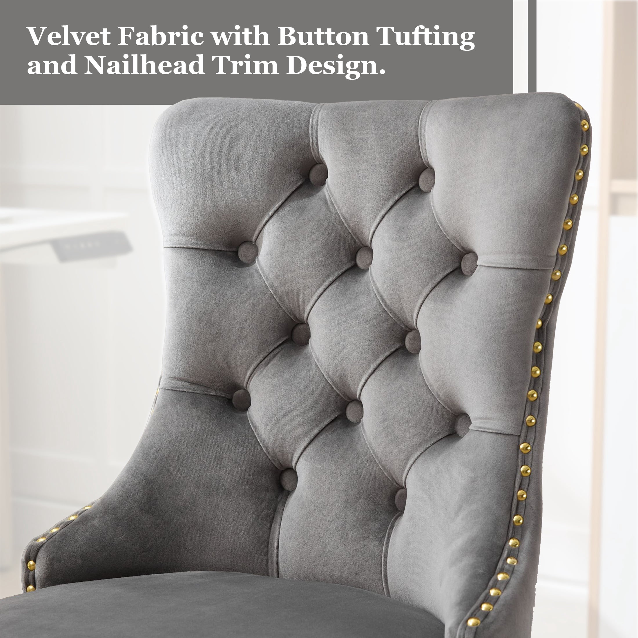PAPROOS Vanity Chair, Swivel Home Office Chair, Ergonomic Home Desk Chair with Golden Metal Base, Adjustable Height, Velvet Upholstered Tufted Button Task Chair, Gray