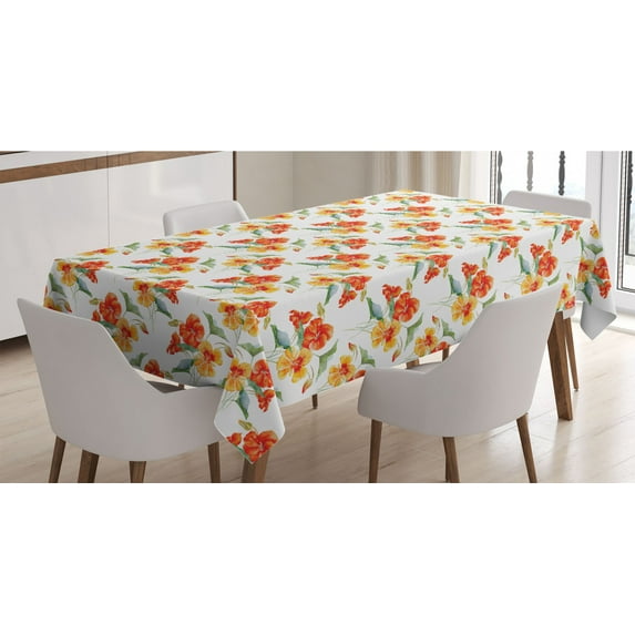Green and Orange Tablecloth, Watercolor Nasturtium Flowers Pattern with Colorful Blooming Nature Design, Rectangle Satin Table Cover for Dining Room and Kitchen, 52" X 70", Multicolor, by Ambesonne