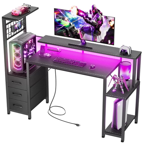 48 Inch Gaming Desk with Power Outlet and LED Lights, Carbon Fiber Black Finish, Sturdy Computer Workstation for Gaming, Working and Studying in Bedroom