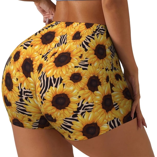 Balery Artistic Zebra Print Sunflower Pantalones cortos de entrenamiento estampados para mujer, sin costuras, ajustados, para gimnasio, yoga, correr, deportes, ejercicio activo, fitness.-X-Large