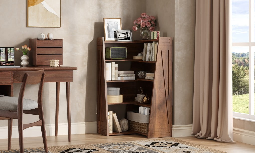 Expandable Bookshelf, 4-Tier 2-Piece L-Shaped Adjustable Bookcase, Up to 47" Wide Modular Storage Shelf for Wall Corners, Living Room, Bedroom & Small Spaces, Walnut