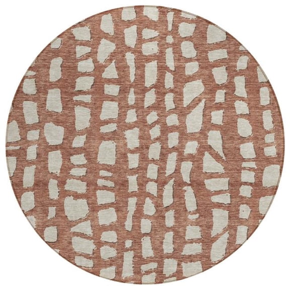 HomeRoots 585084 8 ft. Round Abstract Washable Indoor & Outdoor Area Rug, Orange & Ivory