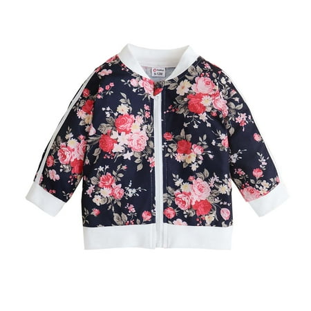 

KIMI BEAR Newborn Girls Jacket 9 Months Newborn Girls Autumn Winter Top 12 Months Newborn Girls Sweet Flower Print Zip Long Sleeve Jacket Navy Blue