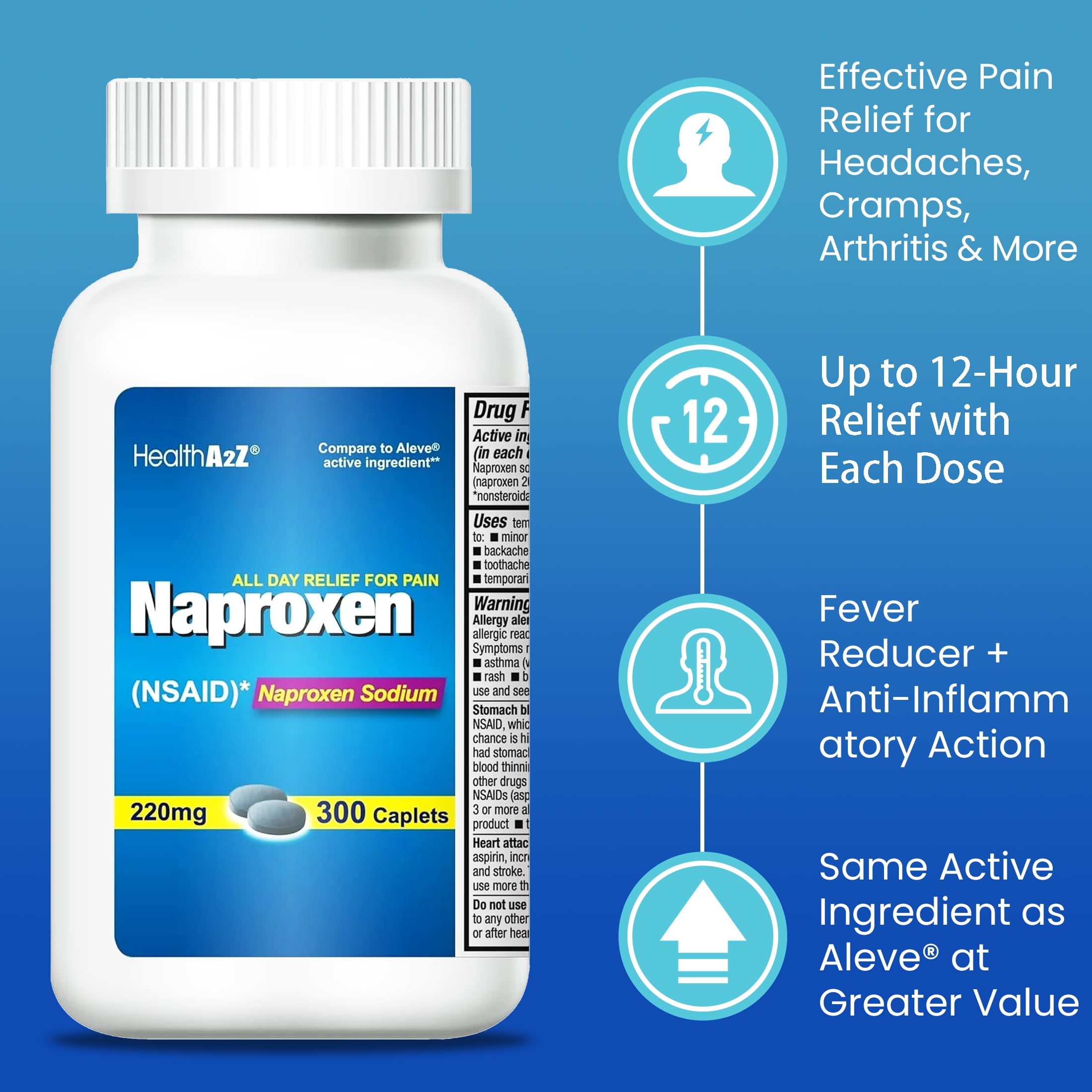 HealthA2Z® Naproxen Sodium 220mg(NSAID) | 300 Caplets | Fast Pain Relief/Fever Reducer