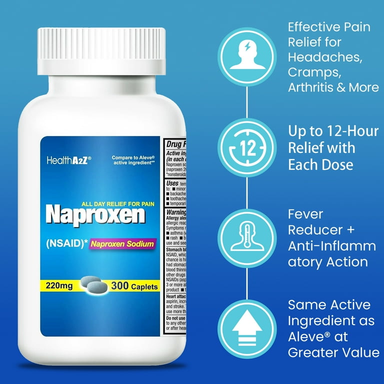 HealthA2Z® Naproxen Sodium 220mg(NSAID) | 300 Caplets | Fast Pain