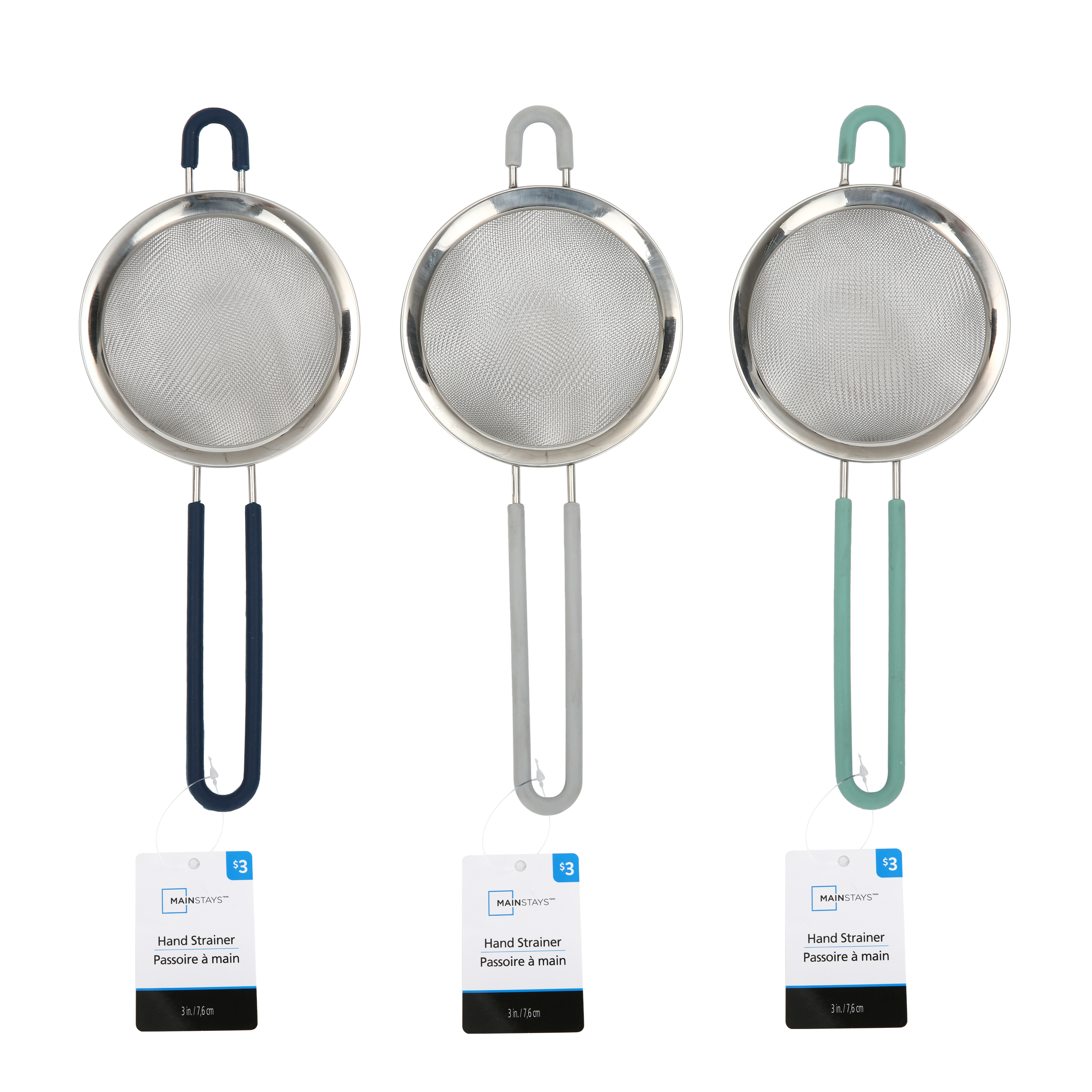 Passoire de 3 po en acier inoxydable Mainstays avec poignée recouverte de silicone en bleu gris ou sarcelle