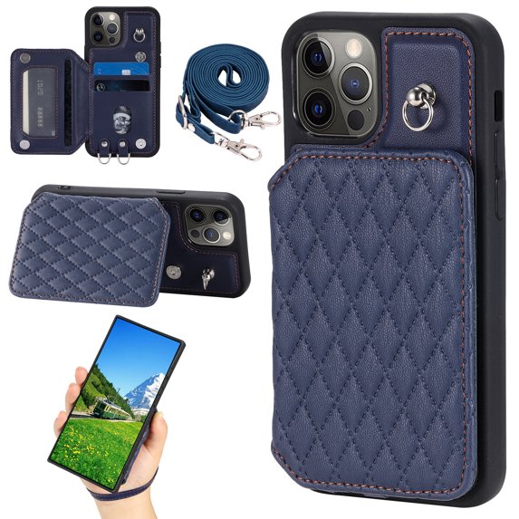 Case for iPhone 12 Pro Max 6.7", Detachable Crossbody Strap Wallet Case with Card Slots, Stand Ring Flip PU Leather Protective Cover Lanyard for Women for iPhone 12 Pro Max, Darkblue