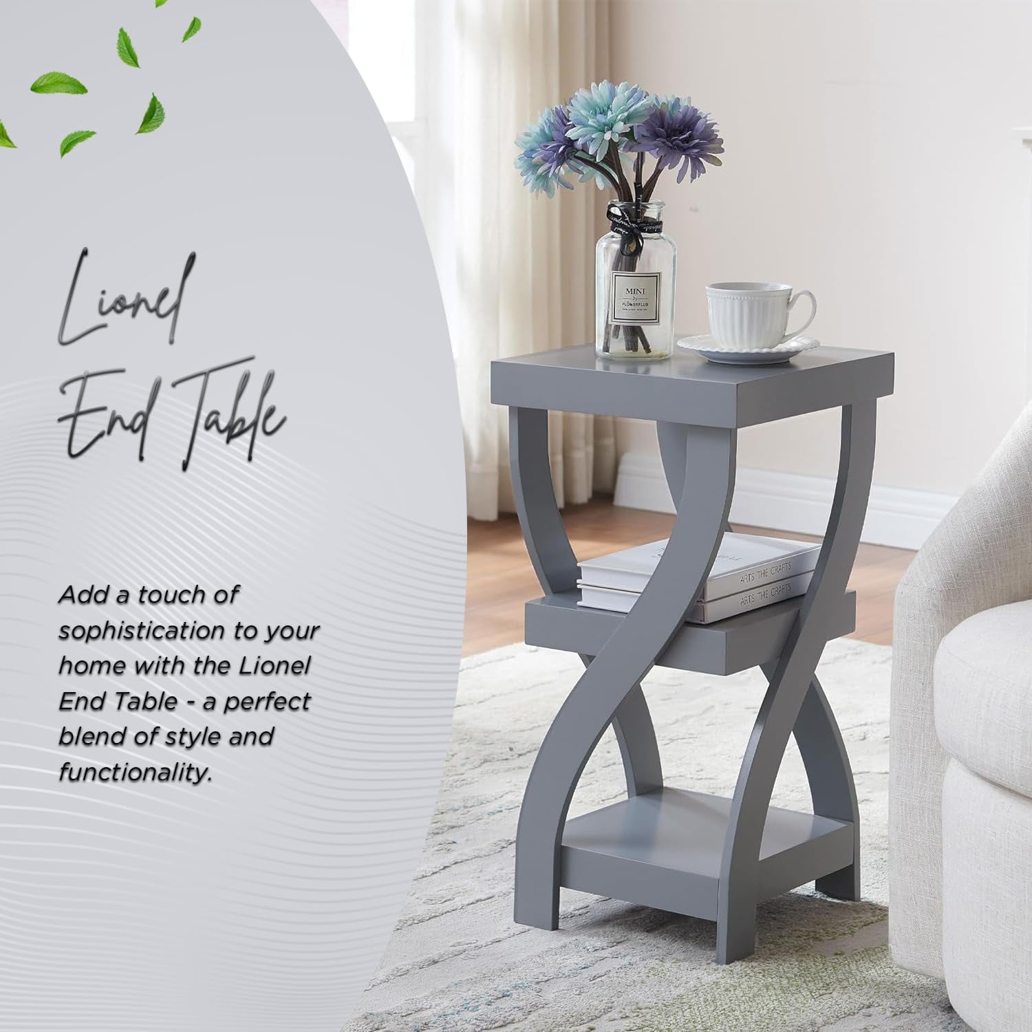 Kings Brand Furniture Lionel 3-Tier End Table, Twisted Wood Accent Side Table with Open Storage Shelves, Modern Narrow Nightstand for Living Room, Bedroom, Office or Entryway (Gray)