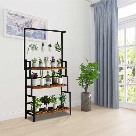 Black Indoor Outdoor Plant Stand Heavy Duty Metal 3 Tier Hanging Plant Stand for Living Rooms, Foyers