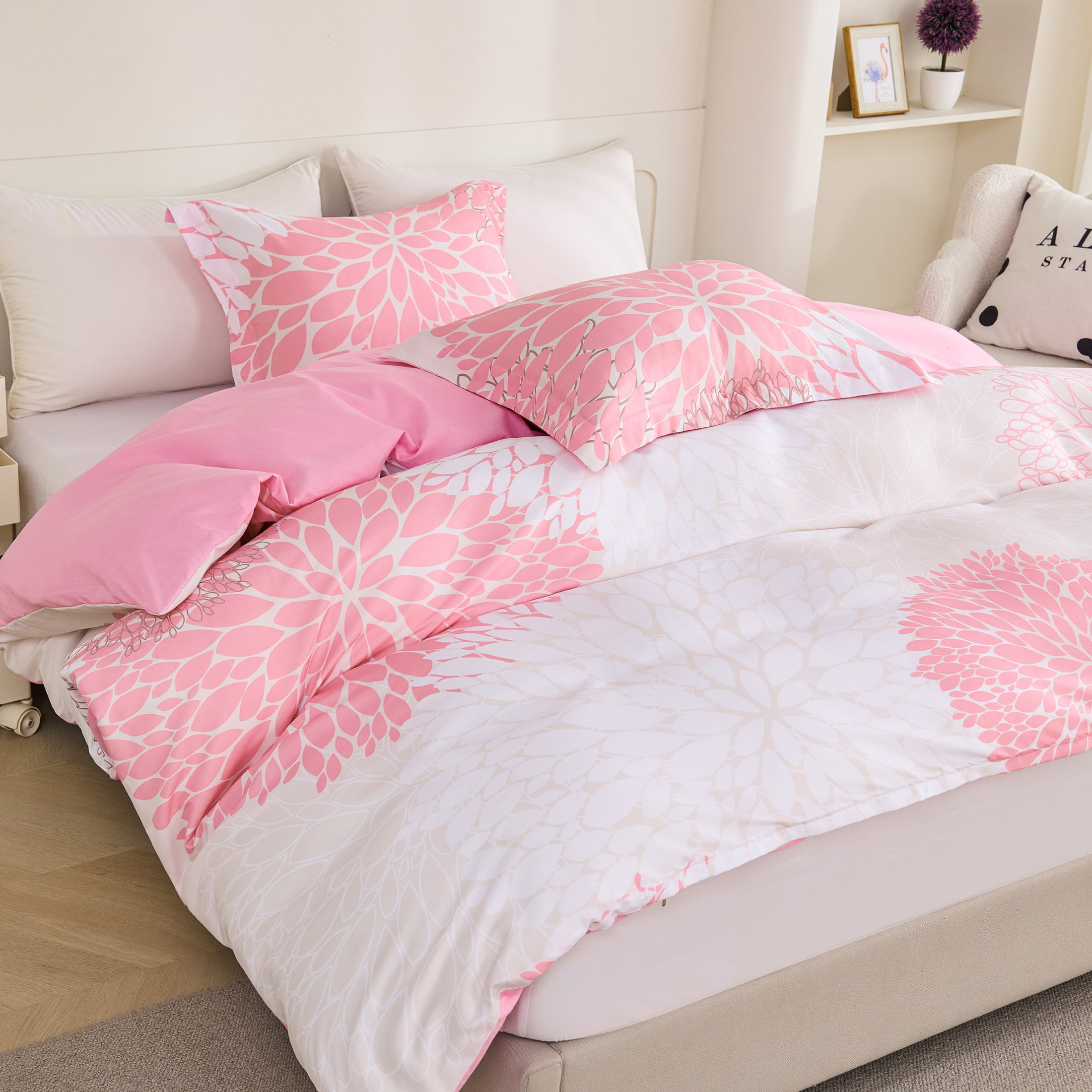 Koniroom 3 Pieces Pink Duvet Cover Full Size, Beige Reversible Floral Duvet Cover Full With Cute Flowers for Women Teen Girls