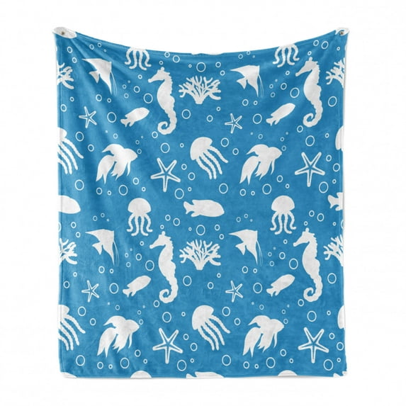 Animal Soft Flannel Fleece Throw Blanket, Mix of Seahorses Pipefishes and Others Swimming Diving Deep Zone Summertime, Cozy Plush for Indoor and Outdoor Use, 50" x 70", Turquoise White, by Ambesonne
