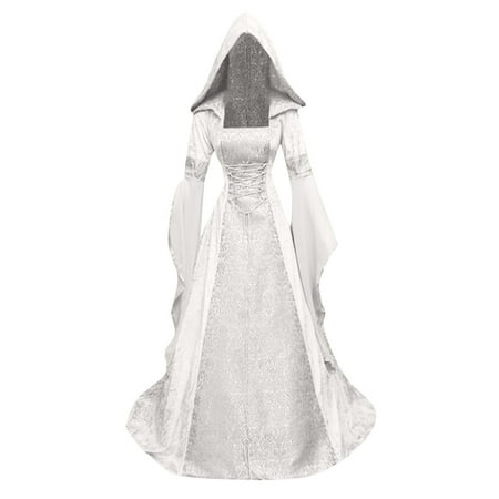 

Renaissance Costumes Hooded Robe Women Vintage Long Sleeve Tree Print Pullover Trendy Floor Length Cosplay Cloak Dress