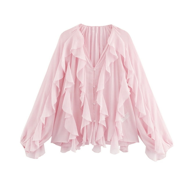 Ailaofu Ruffled Multi-Layered Summer Blouse for Women Trendy Semi See Through V-Neck Long Sleeve Button Chiffon Shirt Tops