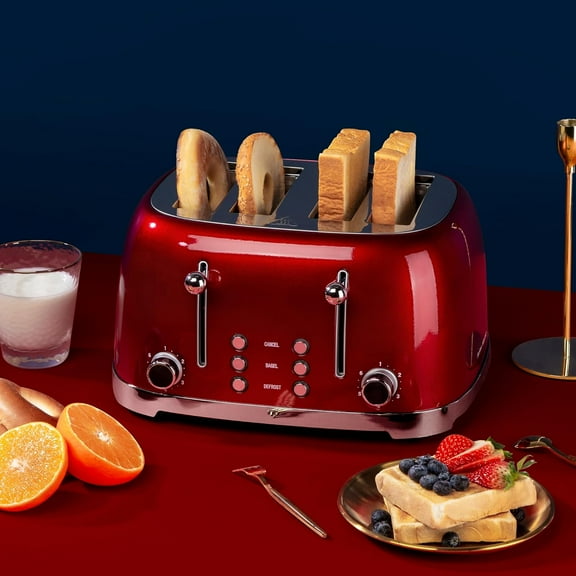 4 Slice Toaster Retro Stainless Steel with Bagel Defrost Cancel Function, 6 Browning Settings, Extre Wide Slot and Removable Crumb Tray, Red, ST033