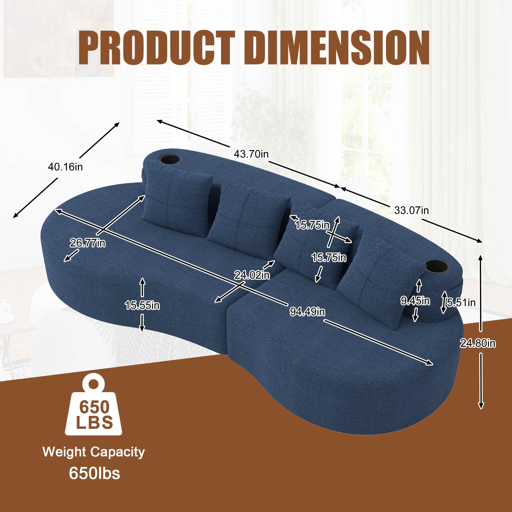 MAYEERTY Curved 3-Seat Modular Sectional Sofa, Minimalist Half Moon Chenille Couch for Living Room & Apartment