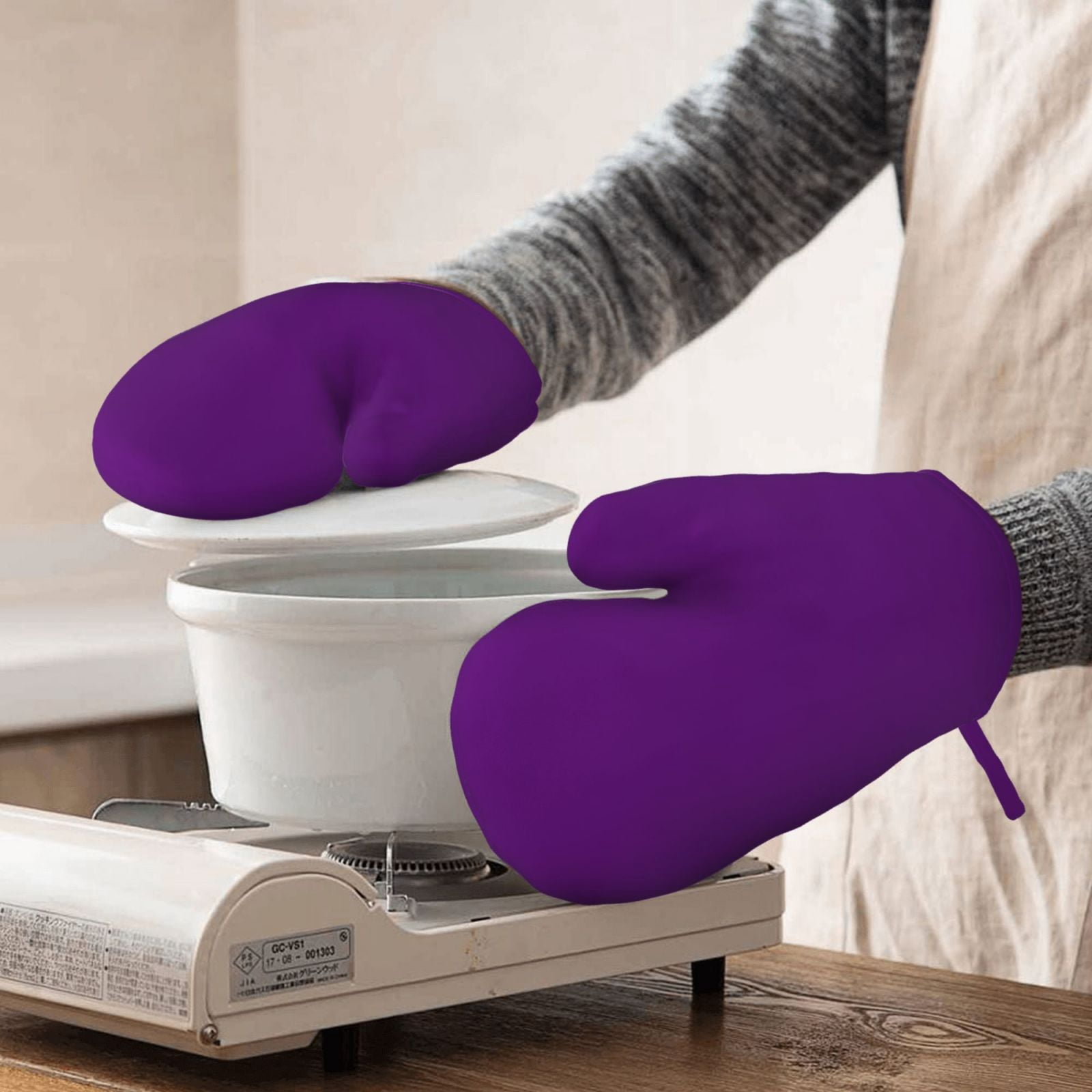 Hirioo Purple for Silicone Oven Mitts for BBQ, Baking, Cooking, Set of 2, Heat Resistant 260℃, Non-Slip Kitchen Essentials